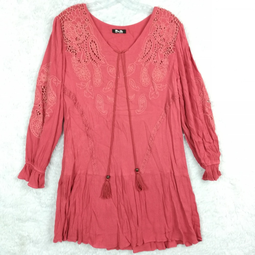 Miss Me Womens Smock Dress Terracotta Mini Paisley Embroidered Boho Peasant S